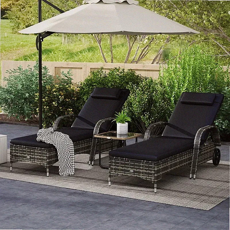 2 Reclining Chaise Lounge Chairs Rolling Outdoor Chairs Black