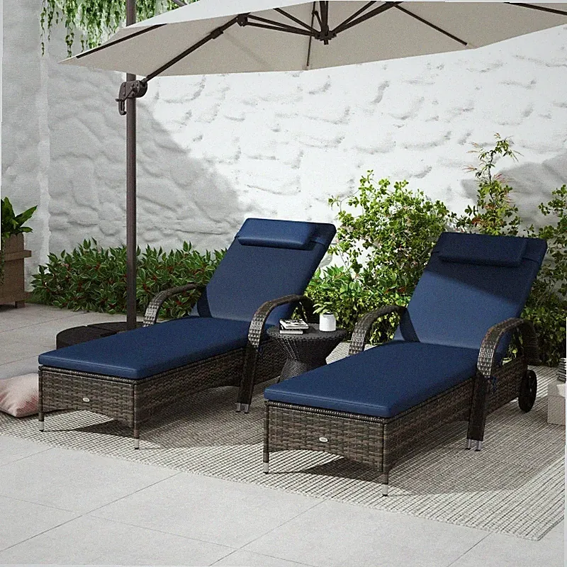 2 Reclining Chaise Lounge Chairs Rolling Outdoor Chairs Dark Blue