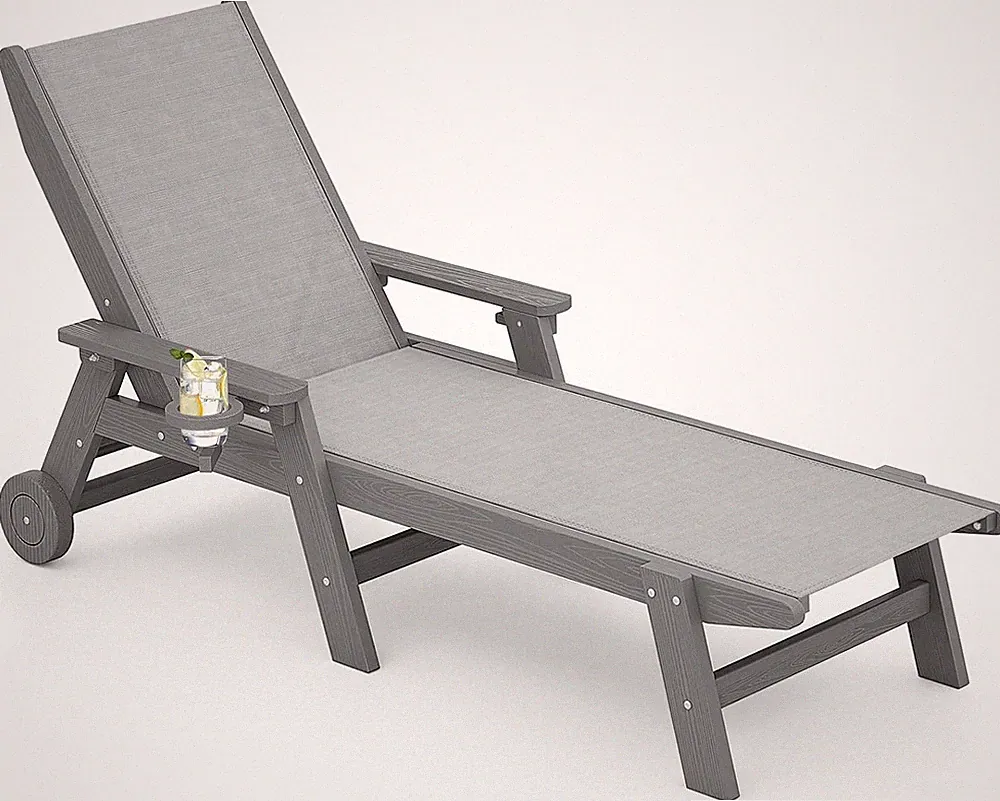 5-Position Grey Patio Chaise Lounge Chair with Wheels for Poolside Relaxation