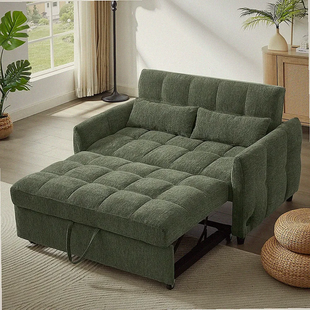 52.8" Pull-out Sofa Bed w/ Adjustable Backrest & USB Ports, Green
