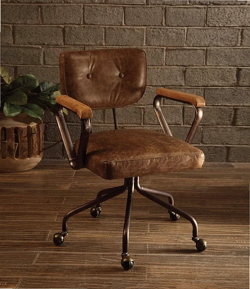 Brown and Black Swivel Faux Leather Rolling Office Chair