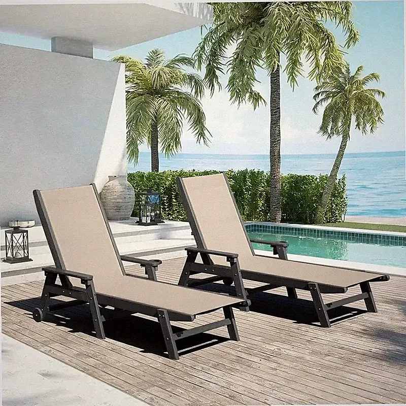 Domi Outdoor 2Pcs HDPE Chaise Lounge w/Arms,Reclining Backrest for Patio,Khaki