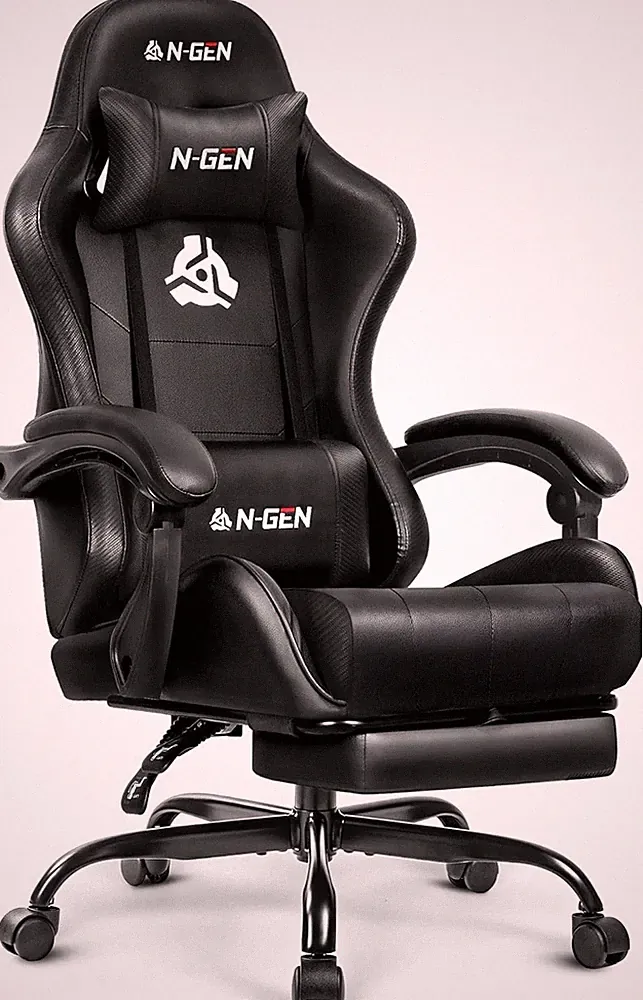 Ergonomic Gaming Chair with Footrest & Lumbar Support - Adjustable Black Recline