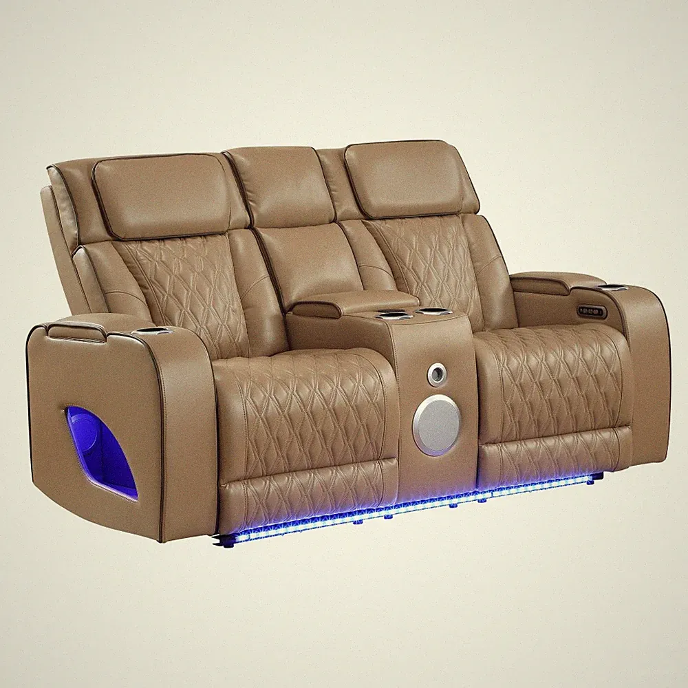Modern Loveseat Recliner w/ Massage, Heat, Power Recline & Bluetooth - Caramel