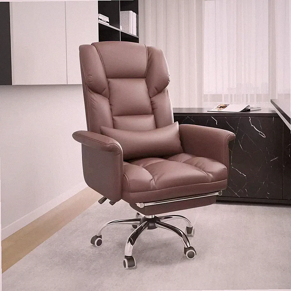 Reclining Office Chair with Footrest, Thick Cushion Ergonomic Desk Chair, Brown