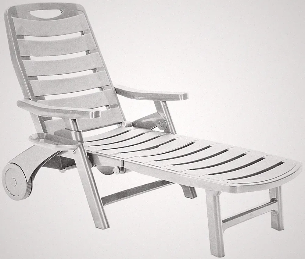 Rolling, Folding, Five Position Reclining Patio Sun Lounger or Deck Chair, White