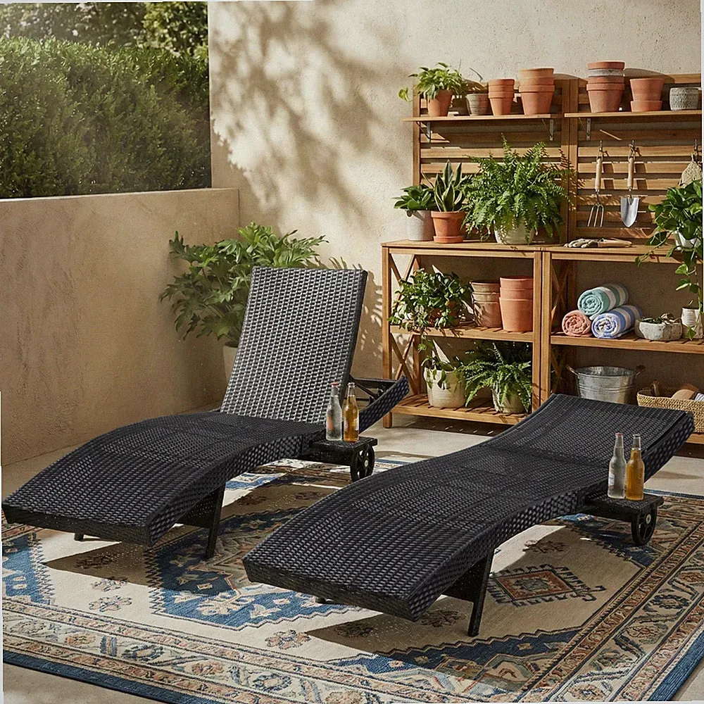 Set of 2 Lounge Chairs Adjustable Backrest w/ Rolling Wheels&Pull-out Side Table