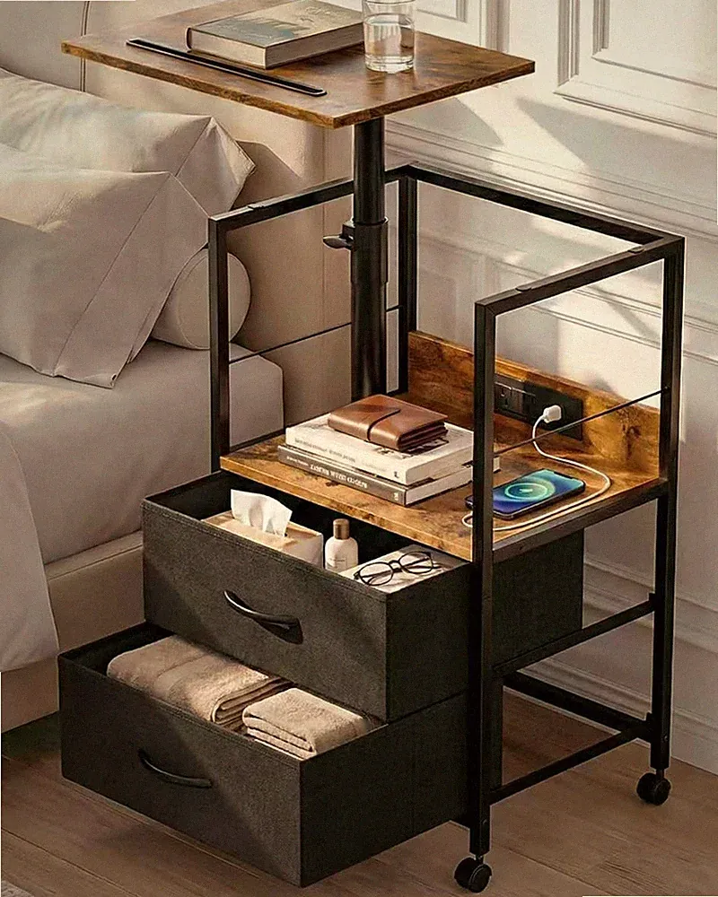 Swivel Lift Nightstand with Charging Stat, Rolling Side Table for