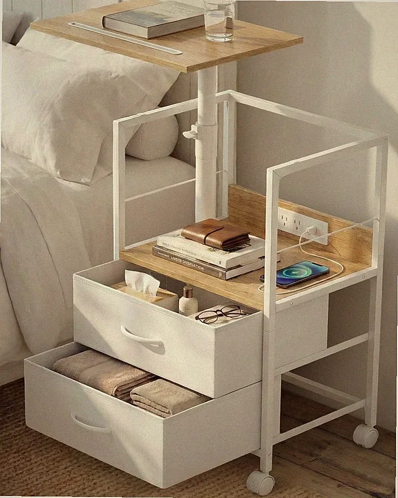 Swivel Lift Top Nightstand with Charging Station, Rolling Side Table for Recline